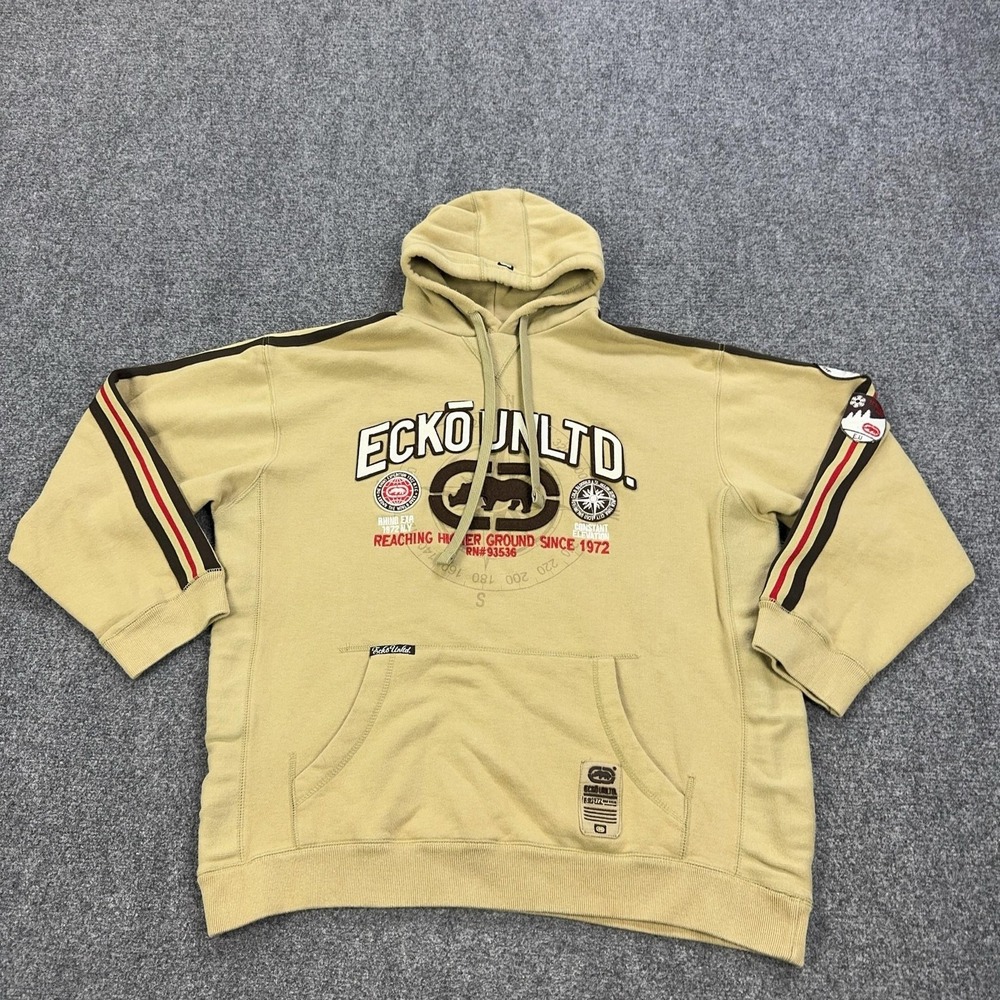 Ecko Unltd. Hoodie Mens XL Beige Fleece Pullover Sweatshirt Rhino Graphic Logo